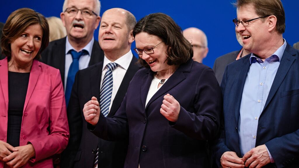 Andrea Nahles after she was elected SPD leader in Wiesbaden, Germany. Photograph: EPA/Clemens Bilan