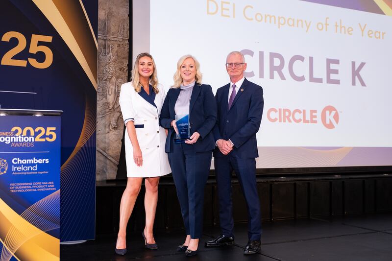 Anna Daly, MC of the awards; Ciara Foxton, managing director at Circle K; and Ian Talbot, chief executive of Chambers Ireland. Photographer: Ruben Morrissey-Fernandez/Ruby Productions