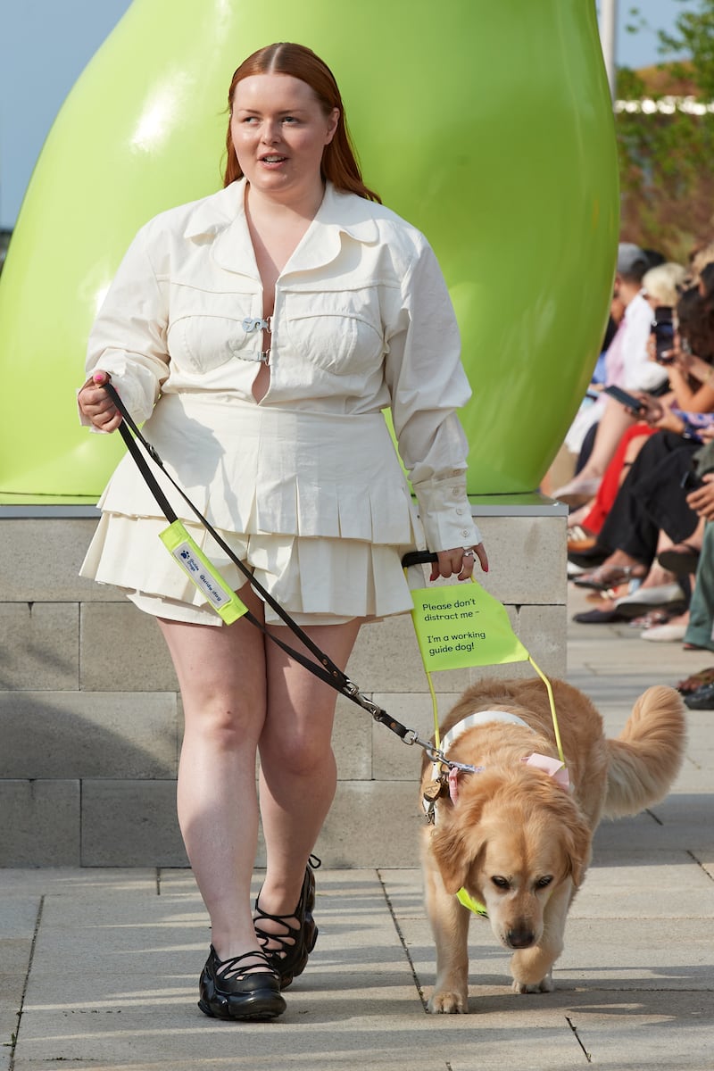 Lucy Edwards and guide dog at Sinéad O’Dwyer's show. Photograph: James Cochrane