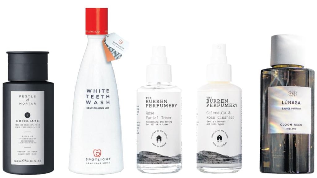 Irish beauty, bottled: Pestle & Mortar Exfoliate, Spotlight White Teeth Wash, Burren Perfumery Rose Facial Toner and Calendula & Rose Cleanser, and Cloon Keen Atelier Lúnasa