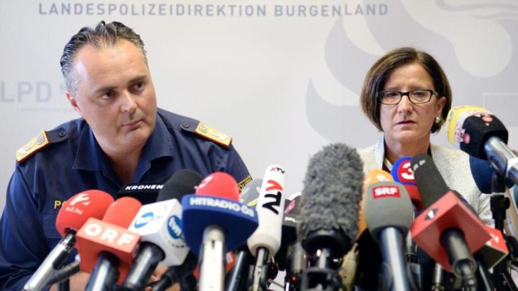 Police spokesman Hans Peter Doskozil and Austria’s interior minister Johanna Mikl-Leitner. “There was also a Syrian travel document found so of course our first assumption is that these people were migrants, and likely a group of Syrian migrants,” said Mr Doskozil. Photograph: Roland Schlager/EPA