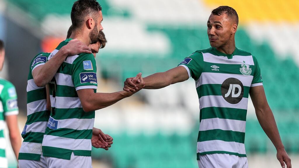 Shamrock Rovers’ Danny Lafferty celebrates scoring a goal with Graham Burke during the FAI Cup second-round clash with Cork City. Photograph: Laszlo Geczo/Inpho