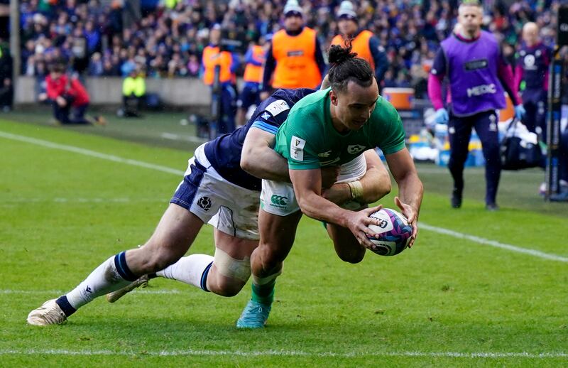 Irelands James Lowe beats Scotlands Kyle Steyn to score his side's second try - Lowe demonstrated his big match temperament by coming to the fore when his team needed him at Murrayfield. Photograph: PA