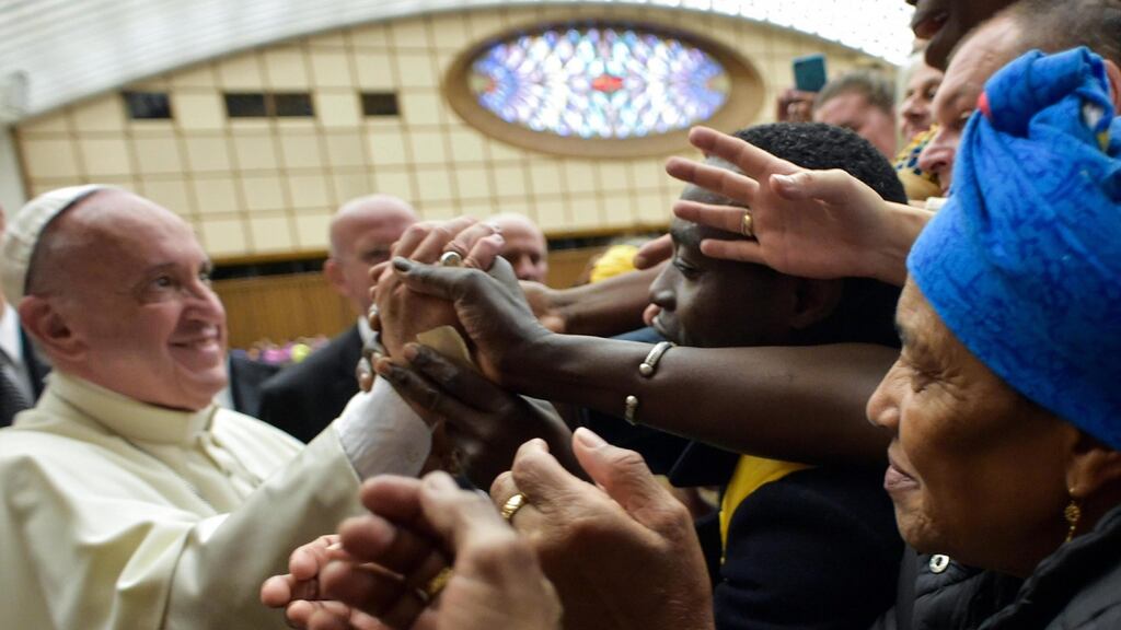 Handout provided by Vatican newspaper L’Osservatore Romano shows Pope Francis greeting pilgrims at a special audience with homeless people in the Vatican City, November 11th, 2016. Photograph: Osservatore Romano/EPA