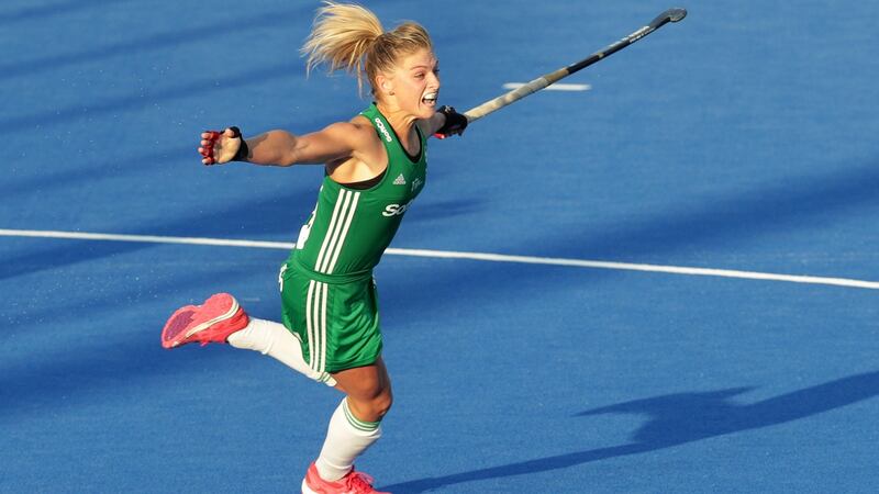 Chloe Watkins celebrates scoring the winning goal in the shootout against India in the quarter-finals of the FIH Women’s Hockey World Cup at Lee Valley Hockey and Tennis Centre. Photograph: Kate McShane/Getty Images