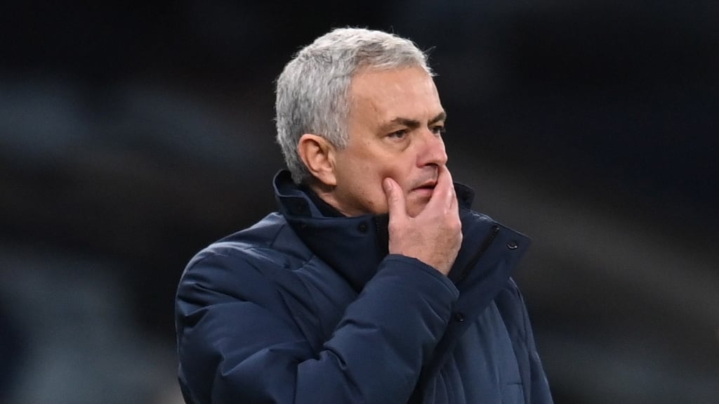 Jose Mourinho watches his Spurs team lose at home to Leicester. Photograph: EPA