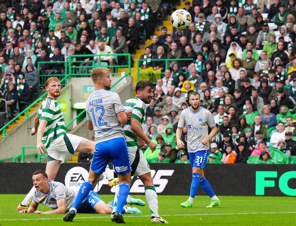 Celtic’s Liam Scales (left) scoring his side's second goal against Kilmarnock at Celtic Park, Glasgow. Photograph: Jane Barlow/PA Wire