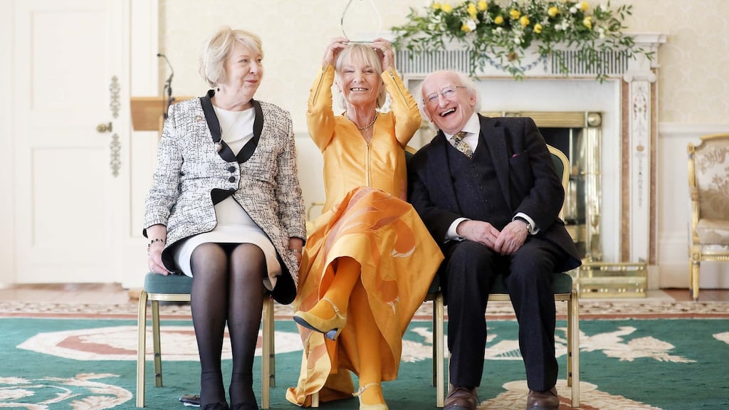 Sabina Higgins and artist Pauline Bewick with President Michael D Higgins at Áras an Uachtaráin where Ms Bewick was presented with the 2019 Kerry Association in Dublin Arts Award. Photograph: Julien Behal