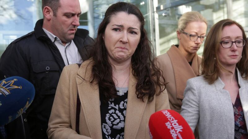 Niece of the late Anthony O’Mahony, Ann O’Carroll (centre) speaks to the media outside the Central Criminal Court in Dublin. Photograph: Laura Hutton/Collins.