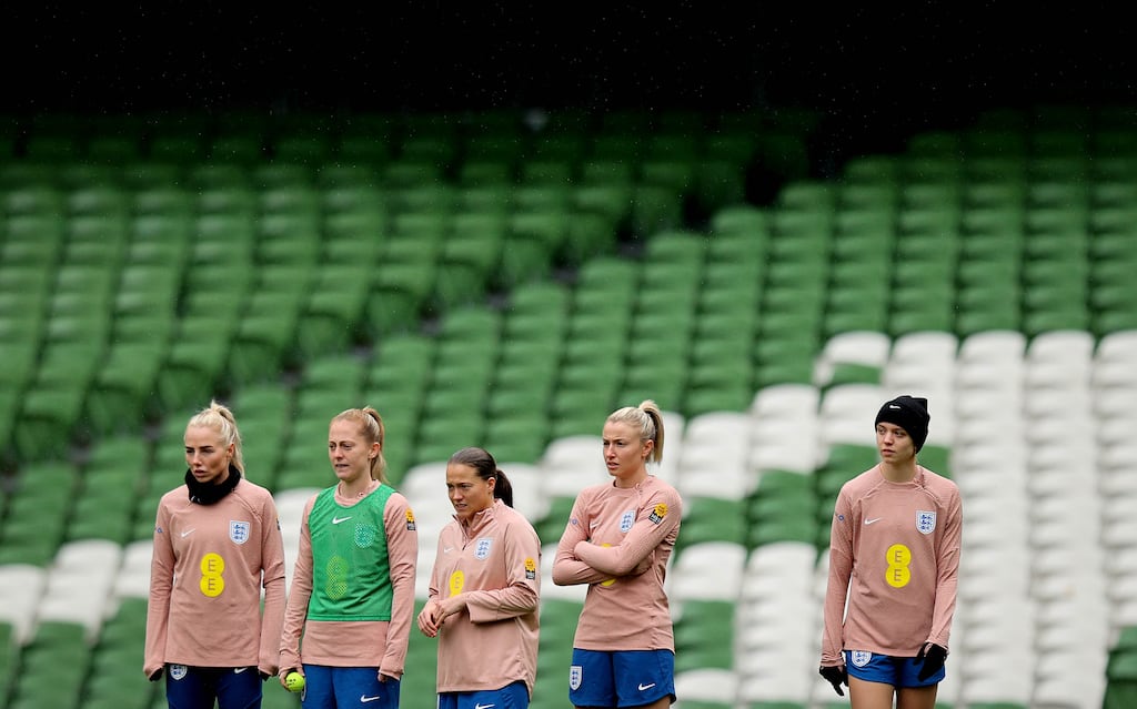 England players training at the Aviva Stadium ahead of their Euro 2025 qualifier against Ireland. Photograph: Ryan Byrne/Inpho