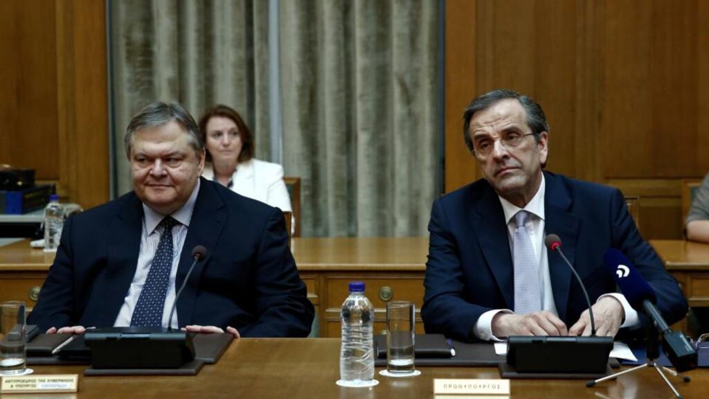 Greece’s prime minister Antonis Samaras (right) chairs a cabinet meeting next to the newly appointed deputy prime minister Evangelos Venizelos in Athens yesterday. Photograph: Yorgos Karahalis/Reuters