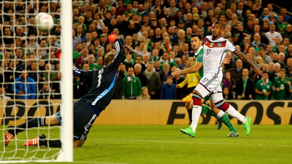 Shane Long scores for Ireland against Germany in their Euro 2016 qualifier match at the Aviva Stadium. Photo: Donall Farmer/Inpho