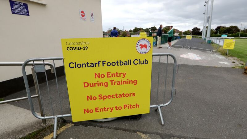 A Covid-19 sign at Clontarf Football Club. Photograph: Bryan Keane/Inpho