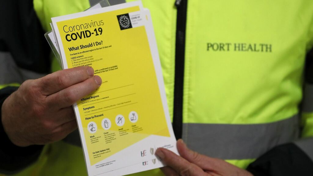 Leaflets  are part of the public awareness campaign for Covid-19 at Dublin Airport. Photograph:  Brian Lawless/ PA Wire
