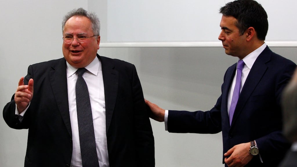 Macedonian foreign minister Nikola Dimitrov (right) meets with Greek foreign minister Nikos Kotzias in Skopje, Macedonia, on Friday. Photograph: Ognen Teofilovski/Reuters