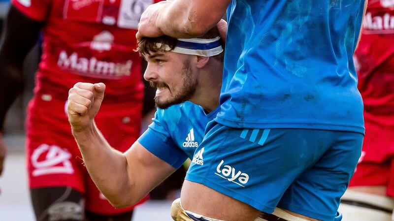 Leinster’s Max Deegan celebrates scoring a try in the Heineken Champions Cup game against Lyon at the RDS. Photograph: Morgan Treacy/Inpho