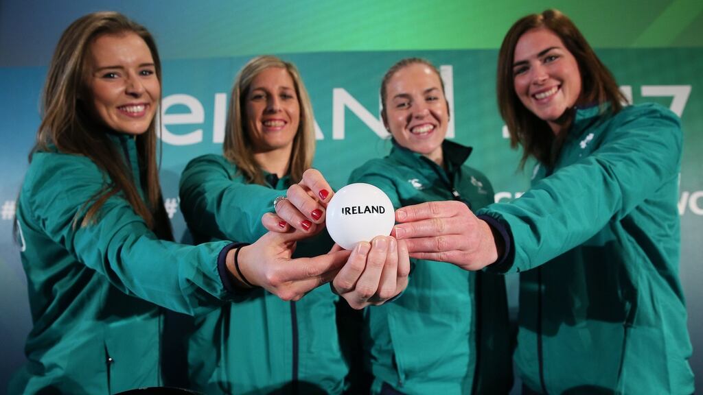 Ireland players Clare McLaughlin, Alison Miller, Niamh Briggs and Nora Stapleton after the 2017 Women’s Rugby World Cup pool draw at Belfast City Hall on Wednesday. Photograph: Brian Lawless/PA Wire