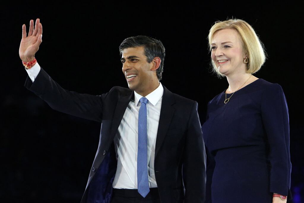 Britain's former chancellor Rishi Sunak and foreign secretary Liz Truss, the final contenders for Britain's next prime minister and Conservative party leader, at Wembley: In an awkward moment, the two stood onstage but exchanged no words. Photograph: Susannah Ireland