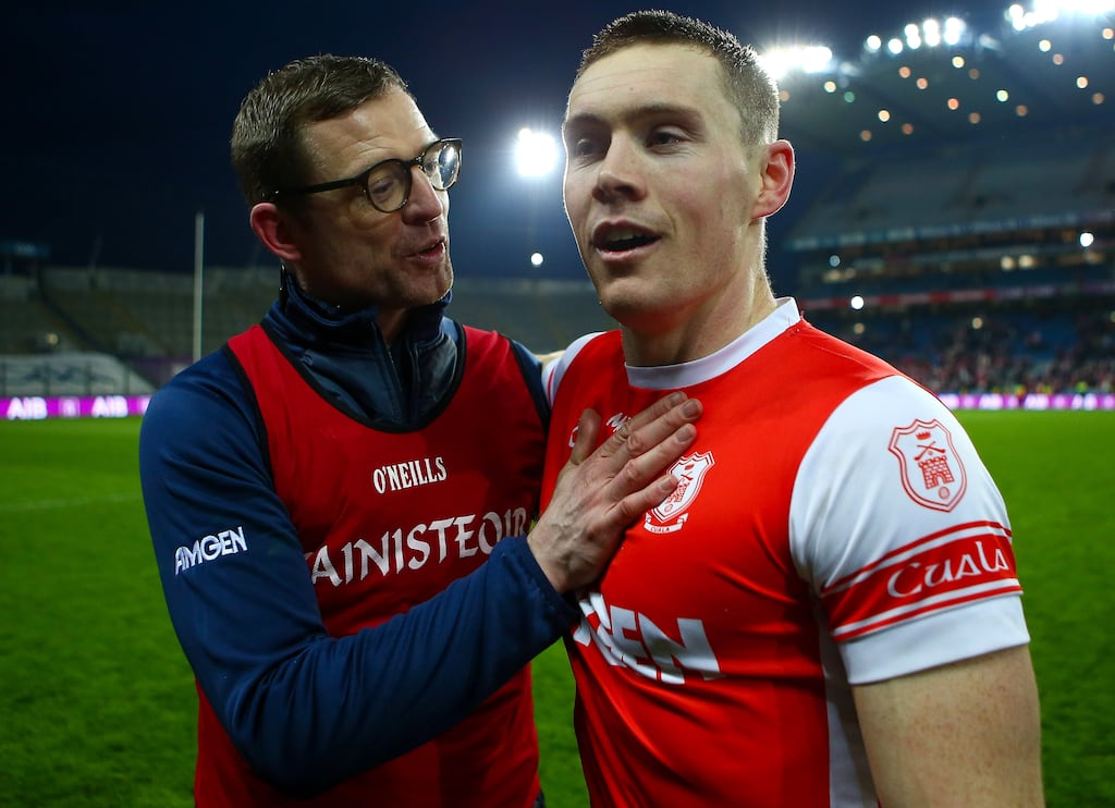Cuala's manager Austin O'Malley with Con O’Callaghan. Photograph: Ken Sutton/Inpho