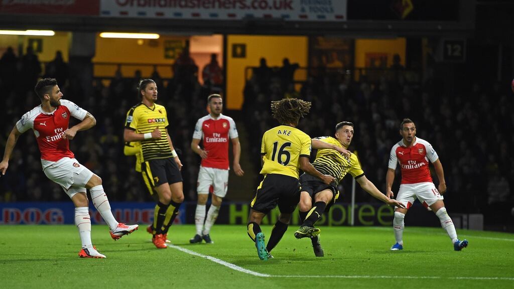 Arsenal’s Olivier Giroud nets his side’s first goal in their 3-0 Barclay’s Premier League win over Watford at Vicarage Road. Photo: Paul Ellis/Getty Images