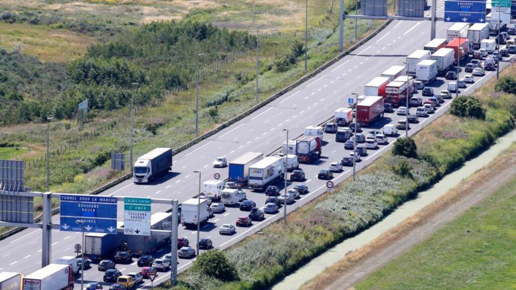 Lorries and cars queue on A16 motorway close to the Channel Tunnel terminal access in Calais, northern France. Photograph: Reuters