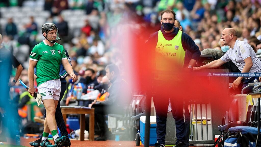 Limerick’s Peter Casey walks off after being sent off in the All-Ireland semi-final against Waterford at Croke Park. Photograph: Tommy Dickson/Inpho