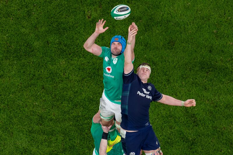 Ireland’s Tadhg Beirne with Scott Cummings of Scotland in the lineout. Photograph: Morgan Treacy/Inpho