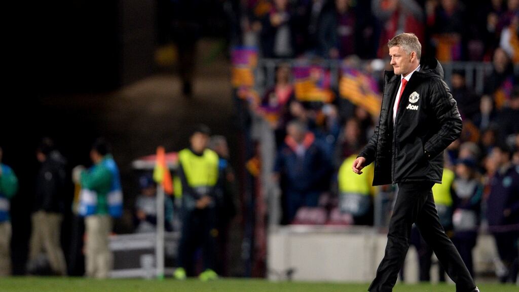 Manchester United’s Ole Gunnar Solskjaer after the Champions League quarter-final defeat to Barcelona. Photo: Pau Barrena/Getty Images