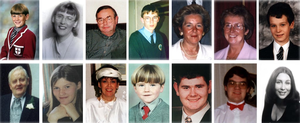 Omagh bombing: Victims of explosion on August 15, 1998, (left to right top row) James Barker, Esther Gibson, Sean McGrath, Gareth Conway, and Elizabeth Rush, Veda Short, Alan Radford (bottom row left to right) Fred White, Lorraine Wilson, Geraldine Breslin, Oran Doherty and Aidan Gallagher, Bryan White and Debra-Anne Cartwright. Photograph: Family Handout/PA