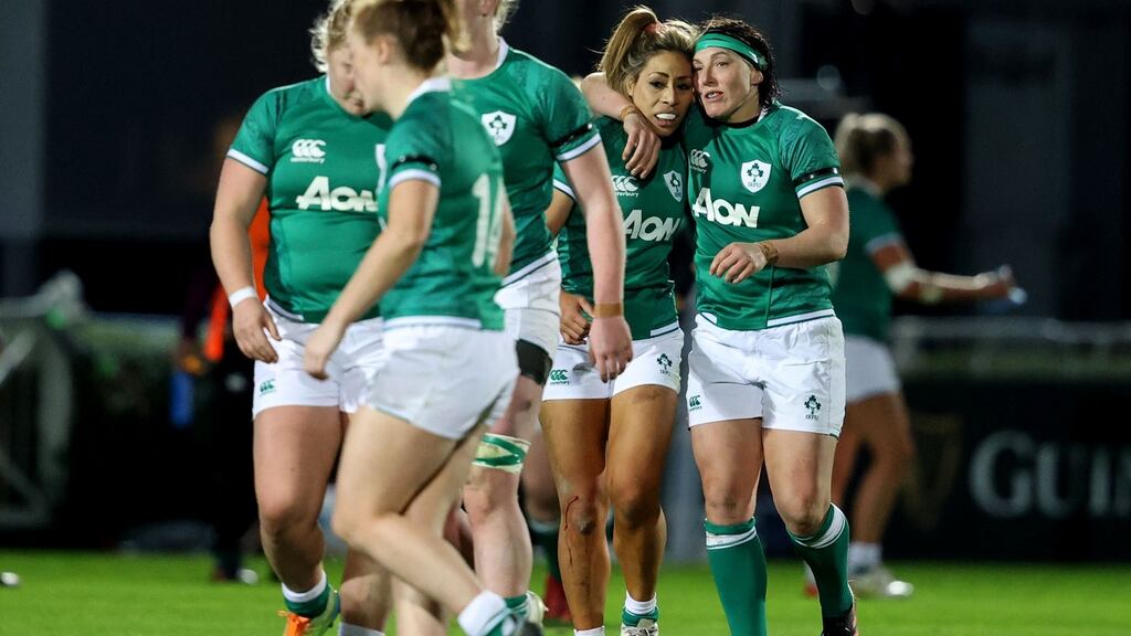 Ireland’s Lindsay Peat celebrates scoring her side’s third try with Sene Naoupu during the autumn international against the USA at the RDS. Photograph: Dan Sheridan/Inpho