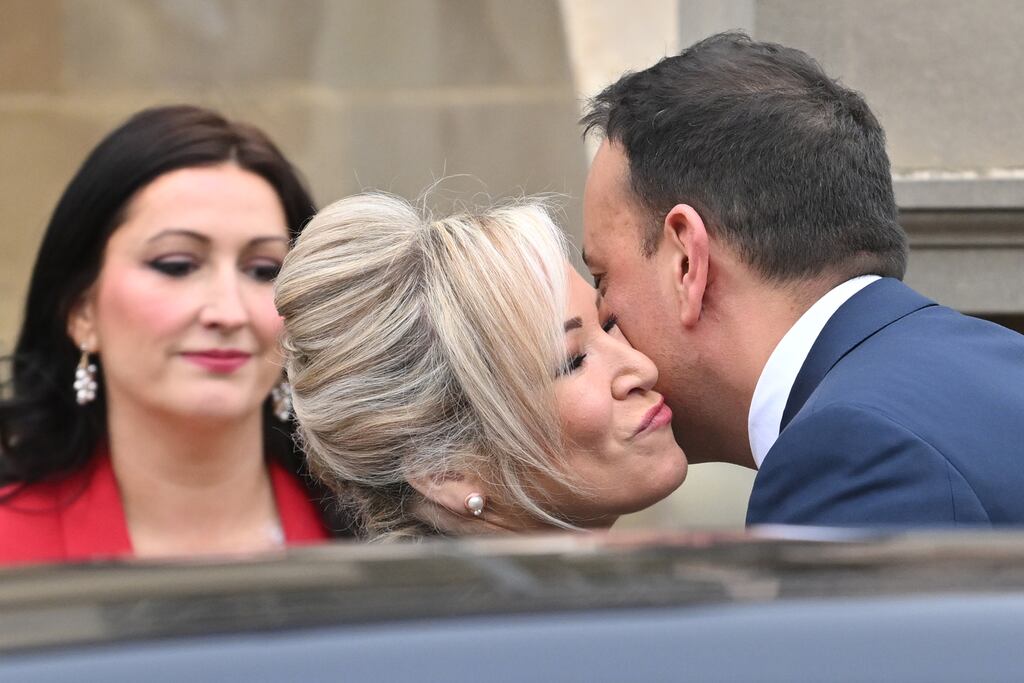 First Minister of Northern Ireland, Michelle O'Neill, and Deputy First Minister, Emma Little-Pengelly, greet Taoiseach Leo Varadkar as he arrives at Stormont Castle. The DUP found itself caught in the middle of nationalist politicking. Unionism may get used to it. Photograph: Charles McQuillan/Getty Images