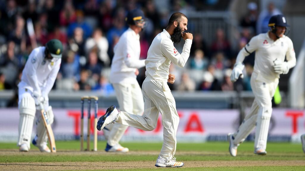 England spinner Moeen Ali celebrates taking the wicket of South Africa’s Quinton de Kock during day four of the fourth Test at Old Trafford. Photograph: Gareth Copley/Getty Images