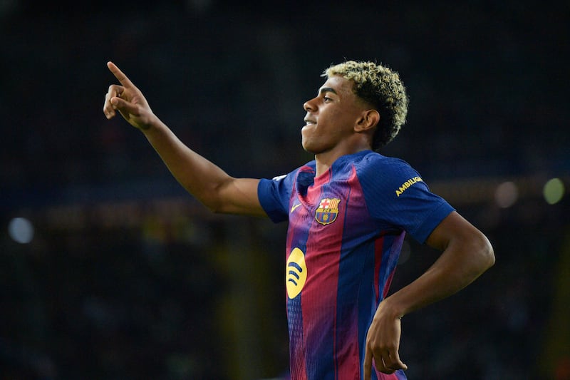 Barcelona's forward Lamine Yamal celebrates after scoring against Olympiakos. Photograph: Manaure Quintero/Getty