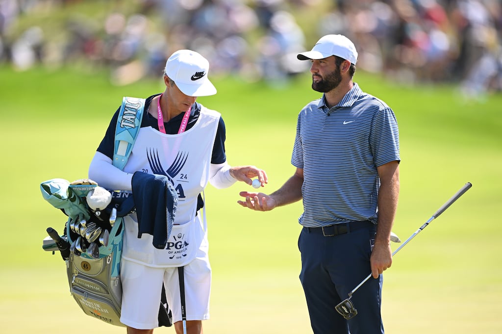 Scottie Scheffler on the 18th hole during the final round of the 2024 PGA Championship at Valhalla Golf Club in Louisville, Kentucky. Photograph: Ross Kinnaird/Getty Images