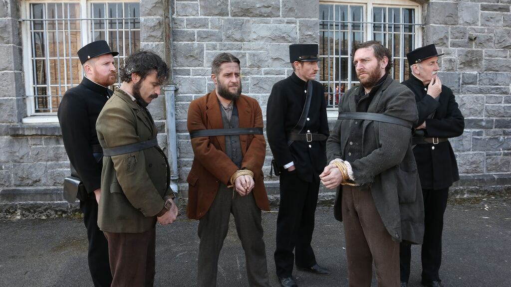 Strapped and bound: filming at Dún Uí Mhaoilíosa Army barracks of the Murdair Mhám Trasna hangings. Photograph: Joe O’Shaughnessy