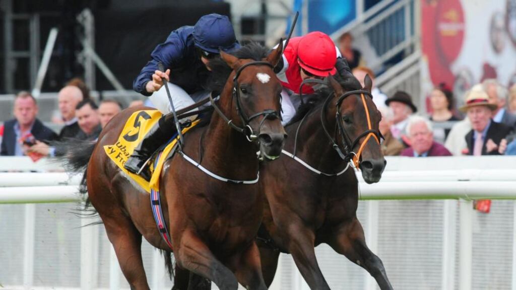 Intelligence Cross and jockey Ryan Moore win the Dubai Duty Free Finest Surprise European Breeders Fund Maiden at the Curragh. Photograph: Pat Healy/PA Wire