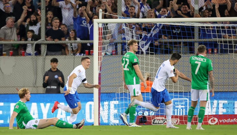 Anastasios Bakasetas of Greece celebrates scoring his side's first goal against Ireland in Athens. Photograph: Nikola Krstic/Inpho