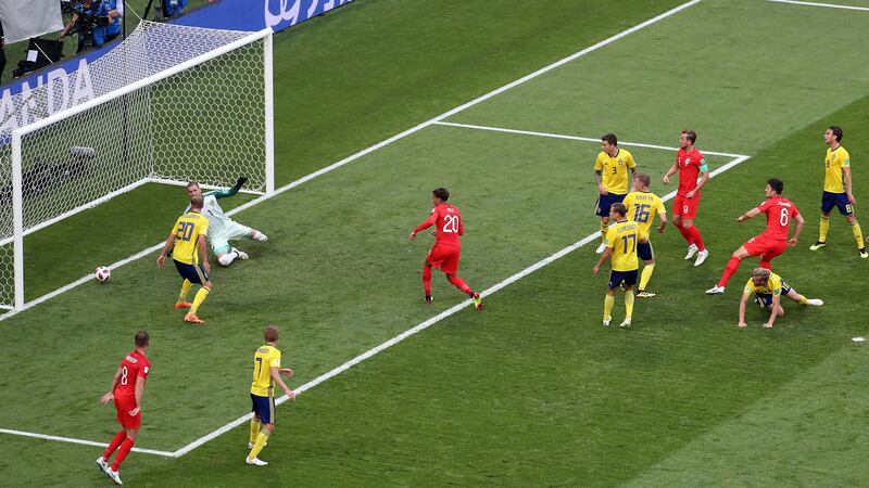 Harry Maguire scores from a corner against Sweden. Photograph: EPA