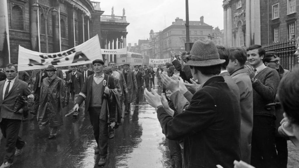 Member of the National Farmers ‘ Association passing by Trinity College Dublin on October 20th, 1966. Photograph: Gordon Standing