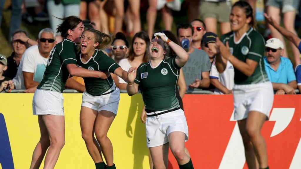 Ireland’s Nora Stapleton, Ashleigh Baxter and Niamh Briggs celebrate at the final whistle in Marcoussis. Photograph: Dan Sheridan/Inpho
