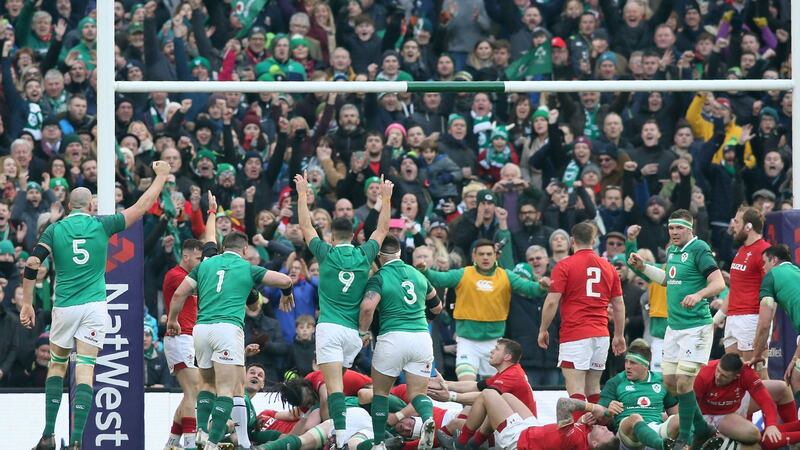 The Ireland players celebrate after Dan Leavy scores their third try. Photograph: Getty Images