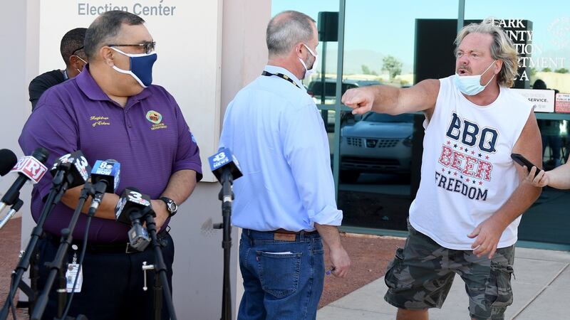 “Give us our freedom, Joe Biden!”: The protest at  the Clark County Election Department, Nevada.  Photograph: Ethan Miller/Getty Images