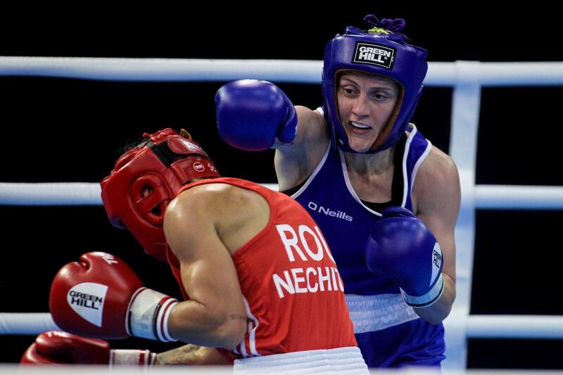 Ireland’s Michaela Walsh in action against Claudia Nechita of Romania in the Women's European Boxing Championships in Budva, Montenegro. Photograph: Aleksandar Djorovic/Inpho