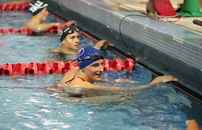 Lia Thomas after winning the 200 metre freestyle event during a tri-meet against the Yale Bulldogs and the Dartmouth Big Green. Photograph: Hunter Martin/Getty Images