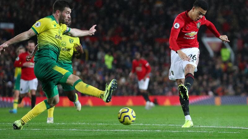 Mason Greenwood scores Manchester United’s fourth against Norwich. Photograph:  Catherine Ivill/Getty