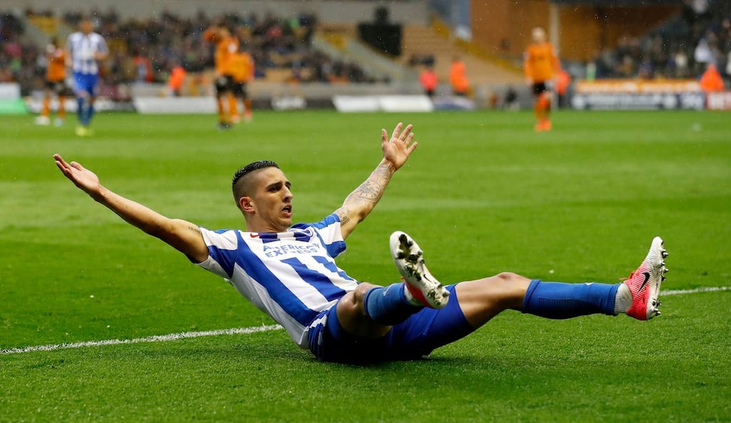 Anthony Knockaert celebrates scoring his  second goal of the game during the Sky Bet Championship match against Wolves at Molineux. Photograph: Martin Rickett/PA Wire.