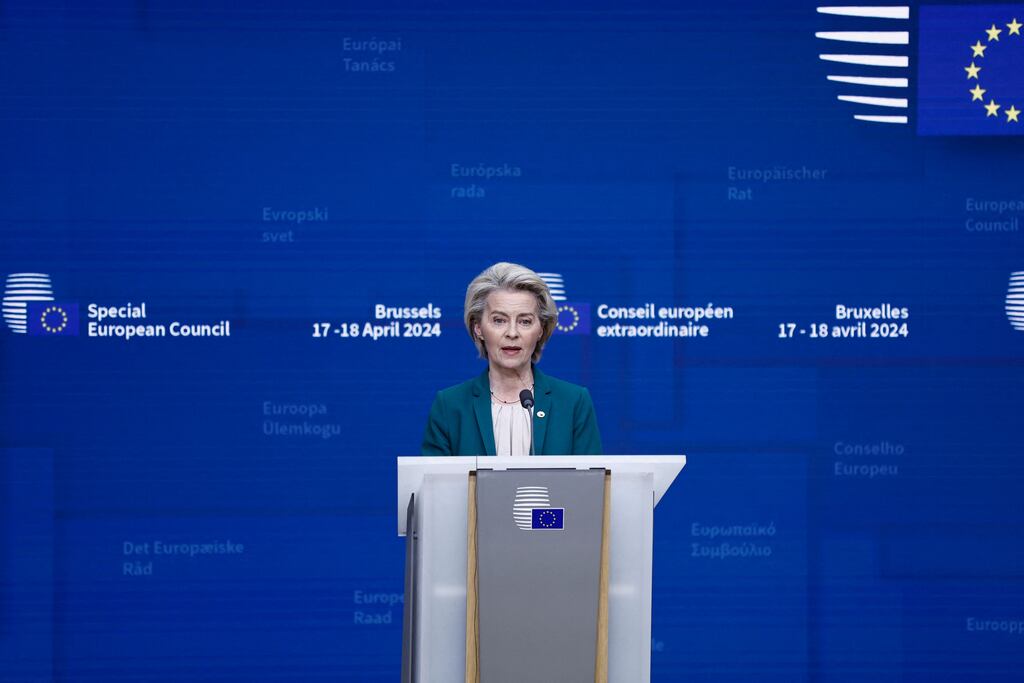 European Commission president Ursula von der Leyen speaks during a press conference at the end of the European Council summit at EU headquarters in Brussels. Photograph: Kenzo Tribouillard/Getty Images