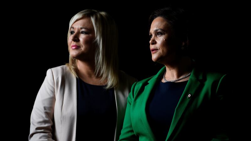 New Sinn Féin president Mary Lou McDonald (right) and deputy president Michelle O’Neill just before an ardfheis in Dublin to formalise their new party roles. Photograph: Clodagh Kilcoyne/Reuters