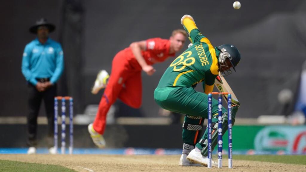 South Africa’s Lonwabo Tsotsobe (R) is caught from the bowling of England’s Stuart Broad during the ICC Champions Trophy semi final match at The Oval. Photograph: Philip Brown/Reuters