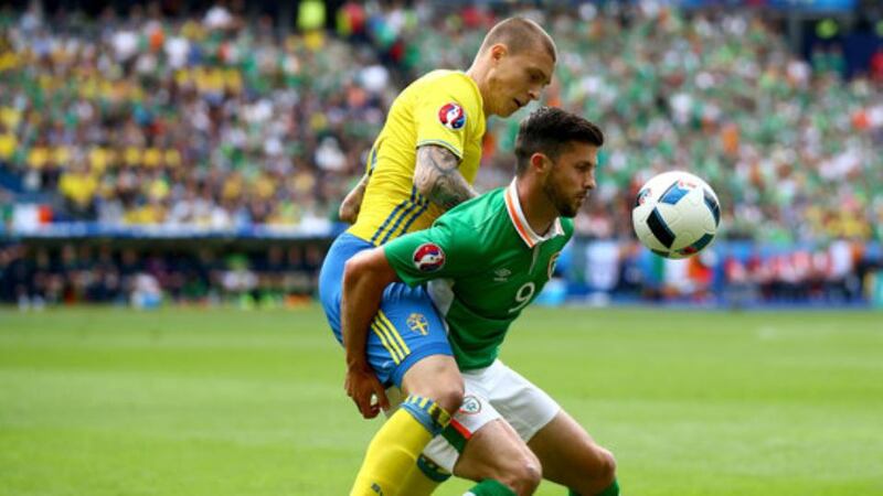 Victor Lindelof challenges Shane Long during Sweden’s Euro 2016 clash with Ireland. Photograph: James Crombie/Inpho